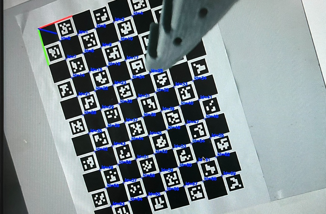 Wrist-camera view: ChArUco detection with IDs and axes